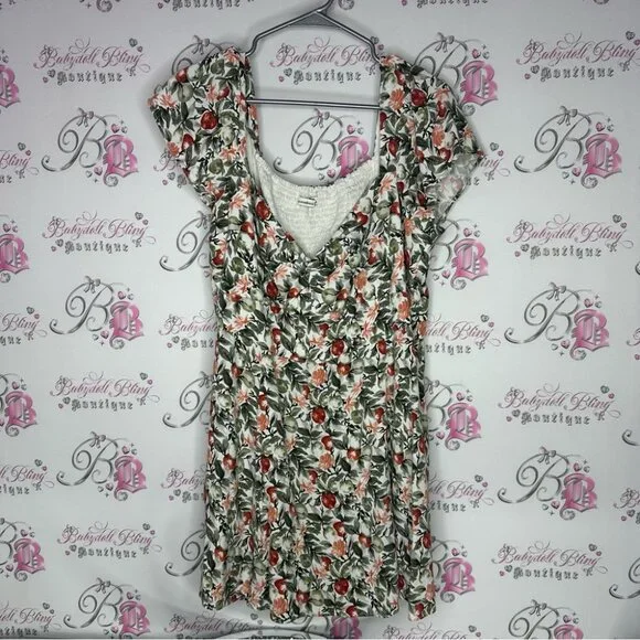 Abercrombie and fitch dress milkmaid flowers orange green Floral Print Dress - Picture 9 of 9